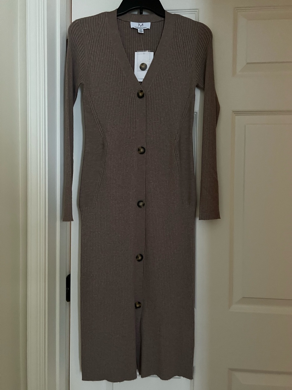 Magaschoni Long-Sleeve Ribbed Button-Front Midi Dress in Taupe